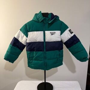 Reebok Kids Green Colorblock Hooded Puffer Jacket Fleece Lined Size 5/6